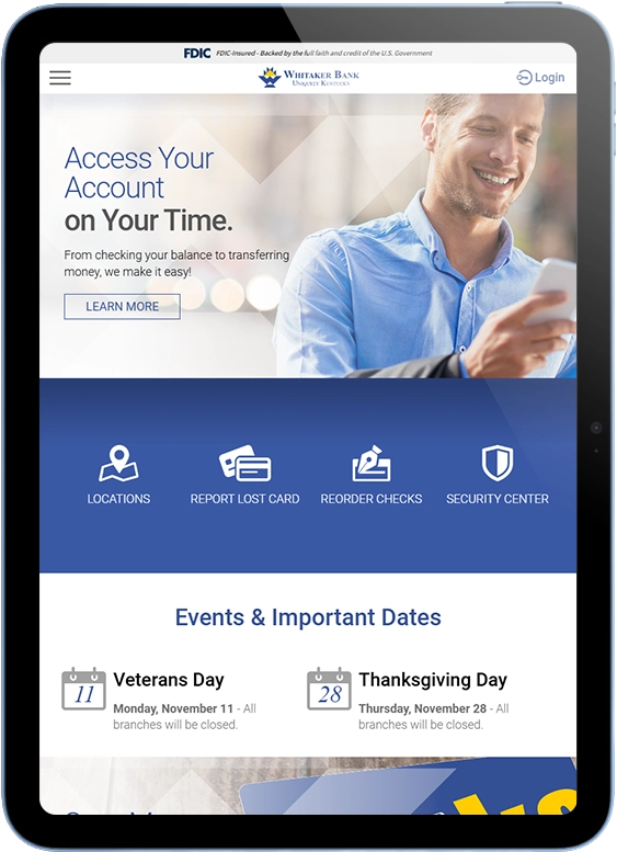 Tablet view featuring Whitaker Bank